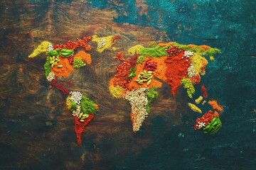 World map - Set of spices and condiments on a black background. Top view.