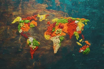 Rolgordijnen World map - Set of spices and condiments on a black background. Top view. © Yaruniv-Studio