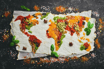 Spices and herbs around the world in the shape of a world map on a dark background. Top view. Creative photo banner.