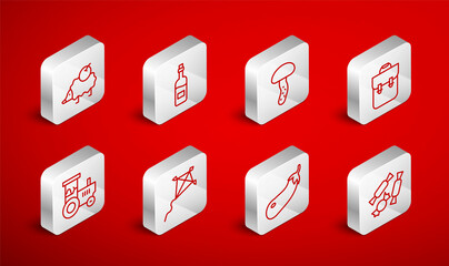 Set line Candy, Bottle of wine, Mushroom, School backpack, Eggplant, Hedgehog, Kite and Tractor icon. Vector
