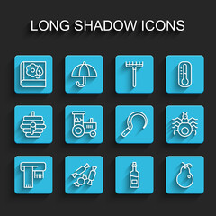 Set line Winter scarf, Candy, Herbarium, Bottle of wine, Pear, Tractor, Spider and Sickle icon. Vector