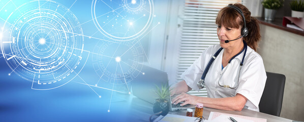 Portrait of female doctor during online medical consultation; panoramic banner