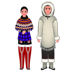 Woman and man in folk national Greenland costumes. Vector illustration