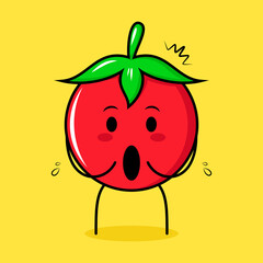 cute tomato character with impressed expression and mouth open. green, red and yellow. suitable for emoticon, logo, mascot