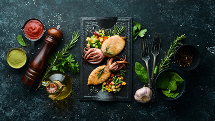 Baked squid with vegetables in a black stone plate. Seafood. Top view. Free space for your text.