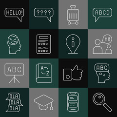 Set line Magnifying glass, Learning foreign languages, Two sitting men talking, Suitcase, Exam sheet, Hello different and Information icon. Vector