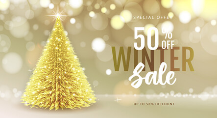 Fototapeta na wymiar Winter sale poster with golden christmas tree on abstract blurred backgrund. Christmas and New Year background. Vector illustration
