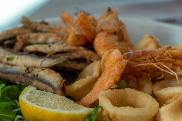 Fried calamari fishes and shrimps on plate in summer restaurant beach in Scalea Italy