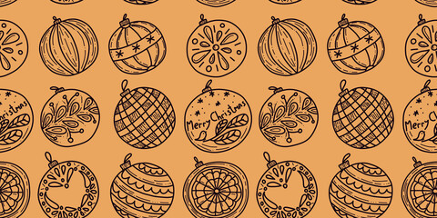pattern for new year and Christmas with Christmas tree balls on a dark background for printing on fabric and packaging
