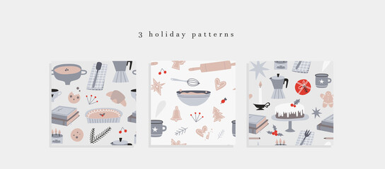 Simple cozy winter holidays seamless pattern collection. Cute Scandinavian lifestyle food elements. Celebration wrapping paper. Christmas and Thanksgiving dinner aesthetics  with baking, kitchenware