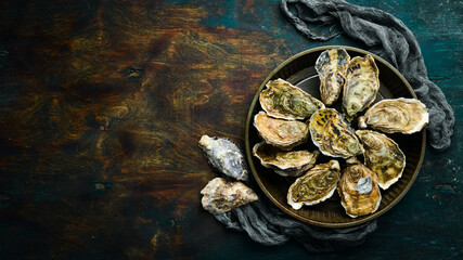 Closed oysters on a stone background. Free space for your text. Seafood. Flat lay.