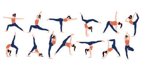 Fototapeta na wymiar Set of yoga poses on an isolated white background. Woman doing yoga exercises. Flat vector illustration