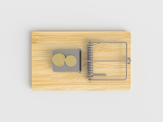 Money coin in mousetrap concept in 3D rendered illustration. Money trap, greedy concept. Concept of financial risk management, stock market, money investment, personal loan, debt, fraud.