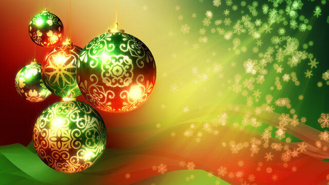Christmas 3D background. Also available as an animation - search for 197548350 in Videos. Red, green and gold Xmas decorations and falling snowflakes.