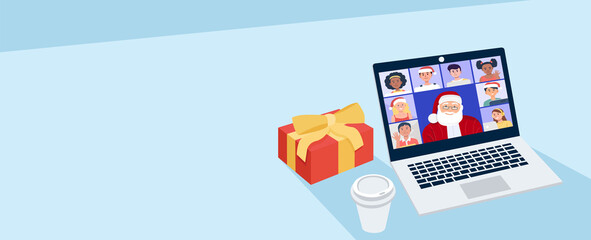 Santa Claus having virtual meeting with children at home.