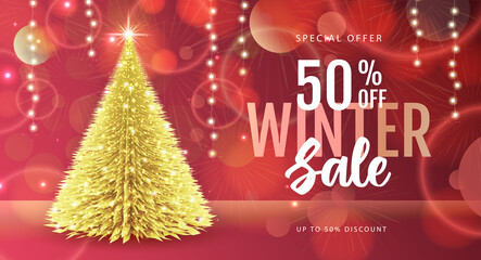 Winter sale poster with golden christmas tree on abstract blurred backgrund. Christmas and New Year background. Vector illustration