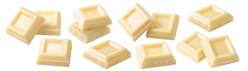 White chocolate squares set isolated on white background. Small pieces.