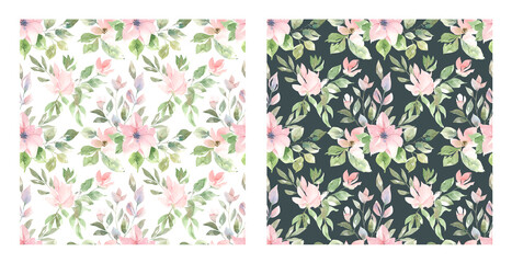 A set of hand-painted watercolor patterns. Seamless patterns of pink delicate flowers and leaves. For wrapping, fabric, background, postcards, scrapbooking
