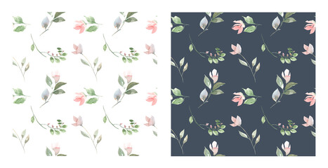Fototapeta premium A set of hand-painted watercolor patterns. Seamless patterns of pink delicate flowers and leaves. For wrapping, fabric, background, postcards, scrapbooking 