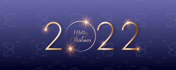 Merry christmas card. Happy new 2022 year . Elegant gold text with light. Minimalistic text template.
