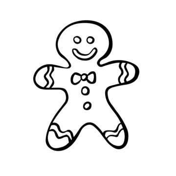 Christmas gingerbread man cookies in doodle style isolated on white background. Holiday cookies in the shape of a man. Drawn by hand as a sketch. Linear art of black color. Vector Christmas symbol.