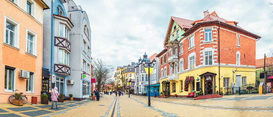 Panorama of the pedestrian street Kurortny prospect in Zelenogradsk, Russia