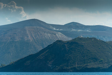 Vulcano island from cruise ship  in The Aeolian islands are a volcanic archipelago in the...