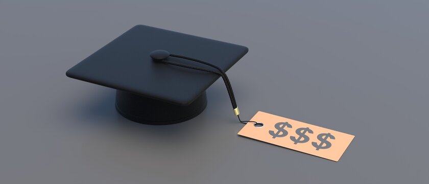 College tuition cost, student loan, scholarship. Graduate cap and US dollar sign. 3d illustration