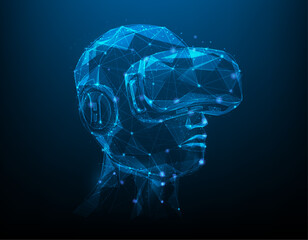 virtual reality technology. vr headset and controllers gaming. consisting of points, lines, and triangle. isolated on blue dark background. vector illustration futuristic digital style.