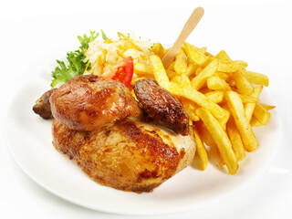 Grilled Chicken with French Fries and Coleslaw Salad. Isolated on white Background