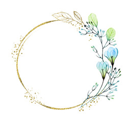 Watercolor round frame with golden glitter and blue florals. Abstract wreath with flowers and foil with place for text. Botanical floral background for modern logo, boho cards and invitations - 474171121