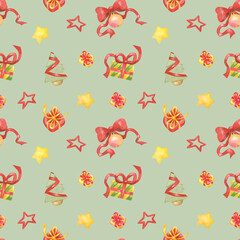 Watercolor seamless christmas pattern with decorative apple,gifts and stars isolated on gray green background.Good for wrapping,fabrics,package.