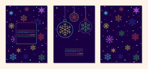 Set of modern and bright Christmas cards with snowflakes and snow. New Years invitation cards with balls. Ideal for printing on banners, clothing, textiles, wallpaper, gift wrapping, paper