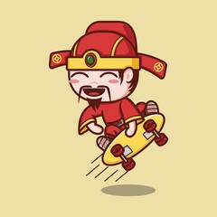 cute cartoon caishen god in chinese new skateboarding. vector illustration for mascot logo or sticker