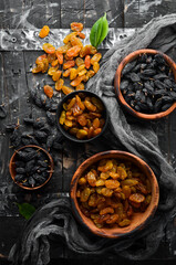Delicious sweet raisins from grapes. Dried fruits. Top view. Free space for your text.