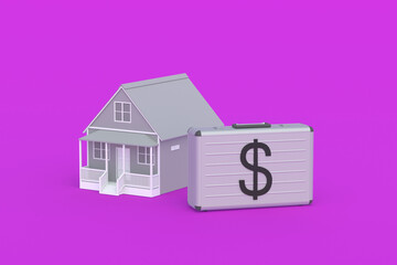House near suitcase with dollar symbol. Investing in real estate, construction companies. Rent payment. Mortgage. Property tax. Realtor services. Affordable housing. Purchase, house price. 3d render
