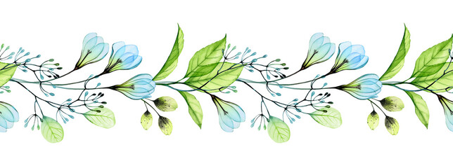 Floral seamless border. Abstract watercolor garland with blue flowers and fresh green leaves. Botanical hand drawn illustration for spring wedding invitations and greeting cards