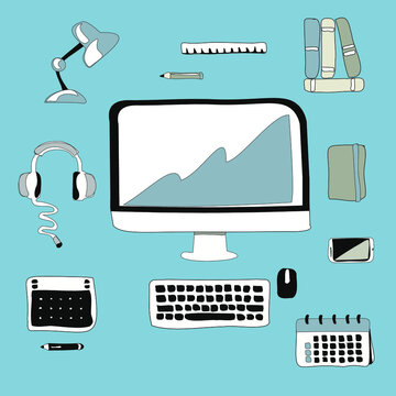 A set of isolated objects for the desktop, for working on the Internet for self-isolation, for study. Computer, tablet, lamp, notebooks, books. Isolated vector images.	