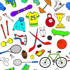 Sport items, sport equipment doodle seamless pattern on white background. Health activity theme. Vector illustration.