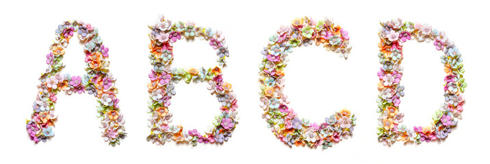 English alphabet a, b, c, d made of flowers. Set of flora font. Spring summer flower font.