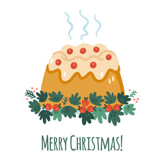 Holiday pudding illustration for the Christmas table. Card. Objects are isolated on a white background.