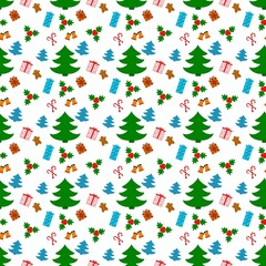 New Year's pattern with sweet gingerbread, lollipops, gifts under a Christmas tree with bells. Perfect for wrapping paper, cards and textile.