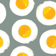 Vector background with fried eggs in cartoon style. Morning breakfast seamless pattern with a lot of scrambled eggs on a grey backdrop. Suitable for wallpaper, wrapping paper or fabric design
