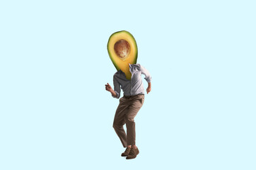 Composition with man headed of avocado isolated on light blue background. Contemporary art collage, modern design.