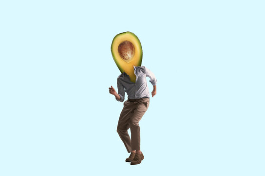 Composition with man headed of avocado isolated on light blue background. Contemporary art collage, modern design.