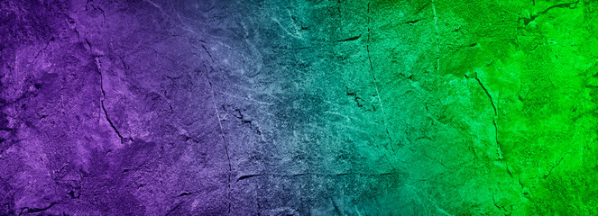 Green turquoise purple magenta. Gradient. Abstract. Toned rough stone surface texture. Macro. Colorful background with copy space for design. Wide banner. Panoramic. Birthday, Valentine.