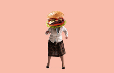 Contemporary art collage. Middle-aged woman in attire of 70s, 80s fashion style with juicy burger...