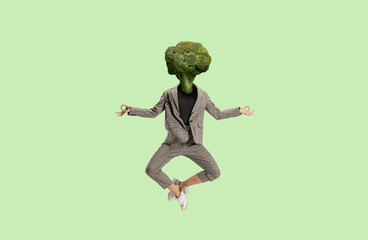 Composition with woman headed of green broccoli sitting in lotus position isolated on light green background. Contemporary art collage