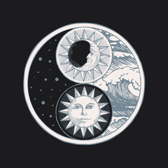 Vector yin yang symbol with sun, moon, stars and sea waves on black background. Hand-drawn sun and moon with human face, day and night. The sign of opposite, harmony, balance, feng shui, zen, yoga
