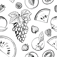 Pattern sketch food watercolor ink. Fruit on a white background. Pear, apple